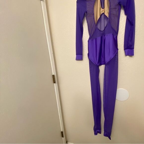 Custom solo dance costume purple unitard jumpsuit mesh  XXS adult LC child - Picture 5 of 13
